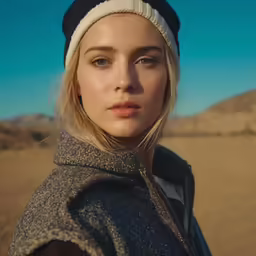 a young woman wearing a knitted hat with a beanie on