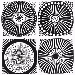 four circles that have different lines and dots on them,three circles are seen in different black and white designs