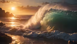 ocean waves rolling on the beach at sunset,a wave crashes against the rock at sunset