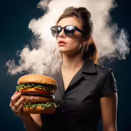 a woman wearing sunglasses holding a large sandwich