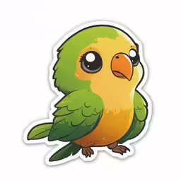 a green and orange bird with big eyes