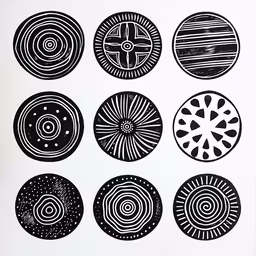 a large set of nine circles made from hand cut paper,various circular designs are on a white background