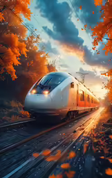 a white train passing through an orange colored forest