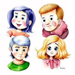 a family is shown in four different styles,three people are featured in an illustration of a man and woman,family drawing for kids of four generations,a group of four people with different expressions,a group of people who are looking up