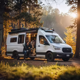 three people sitting at the front window of an off road camper