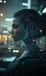 a woman with silver paint on her face looking out a window at space