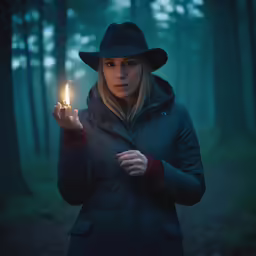 a woman holding a lit candle in her hands in the forest