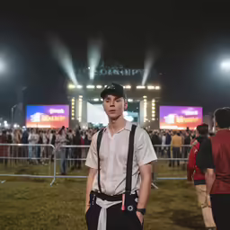 a man stands in a crowd wearing suspenders and a hat