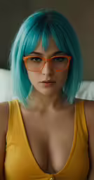 a woman with blue hair and glasses on her face