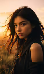 woman with wind swept hair looking down