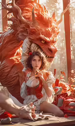 a woman in a costume is posing in front of a giant dragon