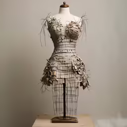 a mannequin on top of a wooden block with a white back ground