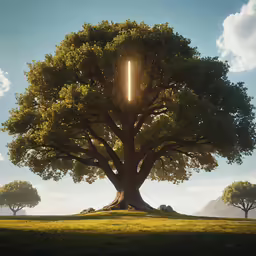 a large tree with a bright, yellow light coming from it