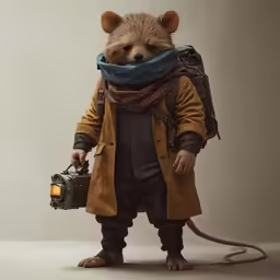 the brown bear is wearing a yellow coat and is holding a camera