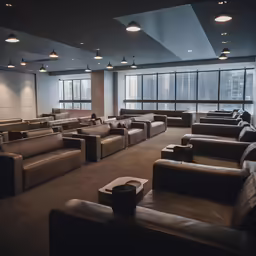 rows of seats sitting in a lobby in front of windows