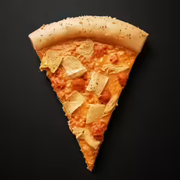 a single slice of pizza on a black surface