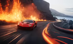 a red sports car driving past a huge fire blazing behind it