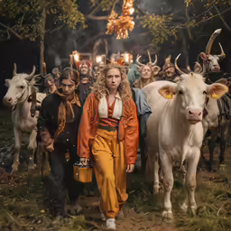 two women and a man walk among the cattle