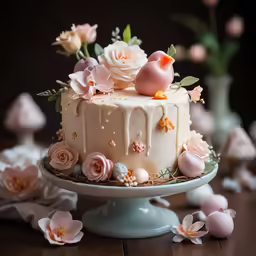 a white frosted cake with a bunch of flowers on top