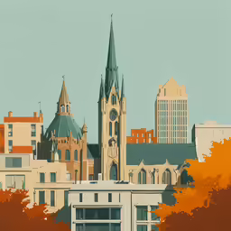 there is a building in the foreground with a steeple and trees around it