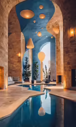 there is an indoor swimming pool with lights above
