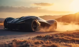 the car is driving on a road surrounded by dirt