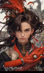 a woman with long hair and gloves is shown