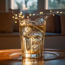 an iced drink sits on the table in the living room