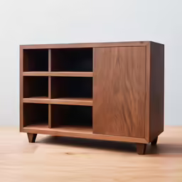 a wooden cabinet sits on the floor of the room
