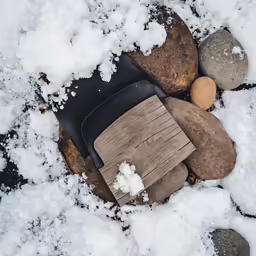 a group of four chairs sitting on some snow