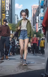 a woman walking down the road with a lot of pedestrians