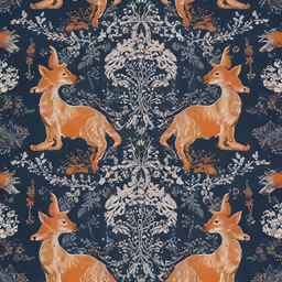 a blue and orange fabric with small foxes