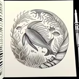 a pencil drawing of two fish swimming through the water,pen drawing of two dolphins in the sea