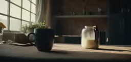 a table with two mugs sitting on it