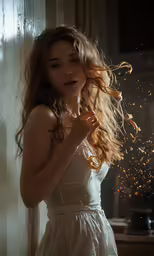 a girl standing against a wall is throwing confetti around her