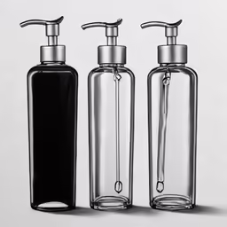 three glass containers that have soap and lotion dispensers