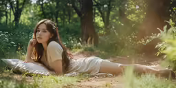 the young girl is posing for a photograph in the woods