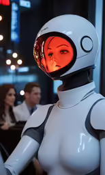 a female robot is looking around a crowd