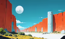 a painting of a desert scene with giant rocks