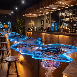 illuminated rocks in a counter area at a restaurant