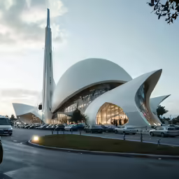 modern architecture on an empty city street at dusk