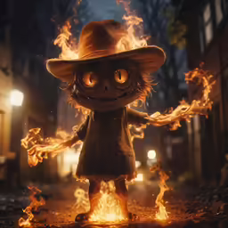 a child dressed as an evil woman in a hat and fire
