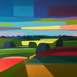 a large painting with an orange sky in the background