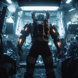 a person in futuristic clothes standing inside a room