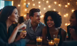 a group of people at a table in a restaurant