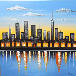 a painting of city lights at night and reflecting in the water,the city lights up the sky over the water,a painting of a night scene of a city skyline with a bright orange light,a painting of a city lit up at night,a painting that is looking like an image with a city