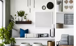a home with different decor on white walls