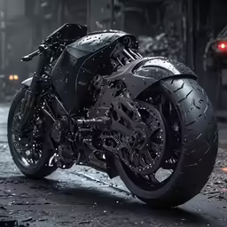 the motorcycle has all black parts, and the wheels have red brake lights