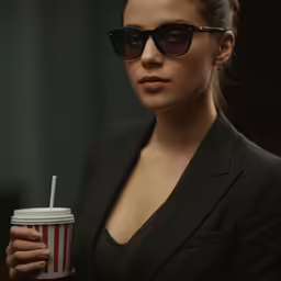 a lady in glasses and suit holding a drink