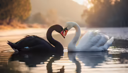 two white swans are swimming in a lake